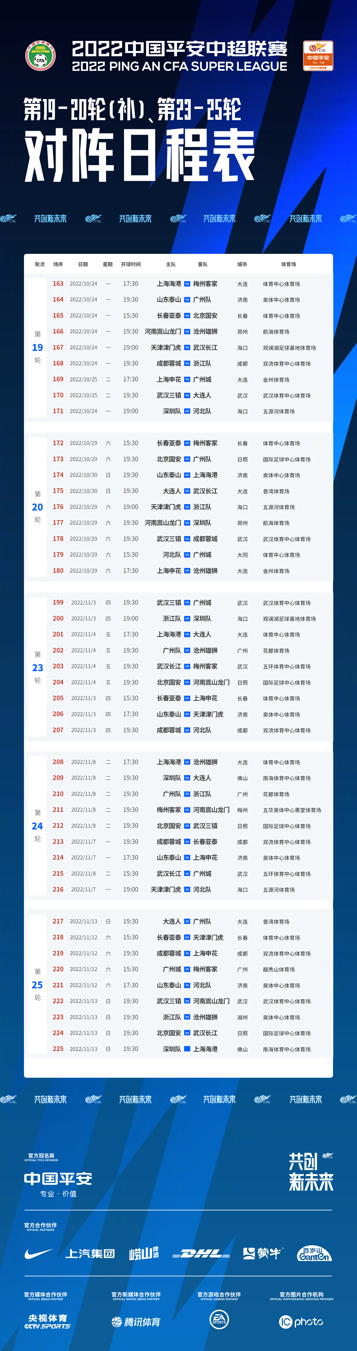 10月底11月初，5場(chǎng)中超比賽將先后在?？谶M(jìn)行→